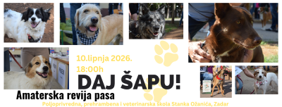 AMATERSKA REVIJA PASA 2026.  10. lipnja amaterska revija pasa „Daj šapu!“ gdje će se birati Njuška godine te Miss i Mister Azila
