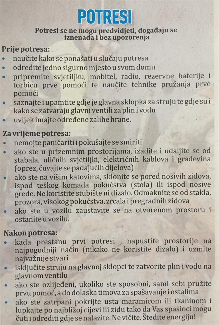 MUP podsjeća na upute za postupanje u slučaju potresa
