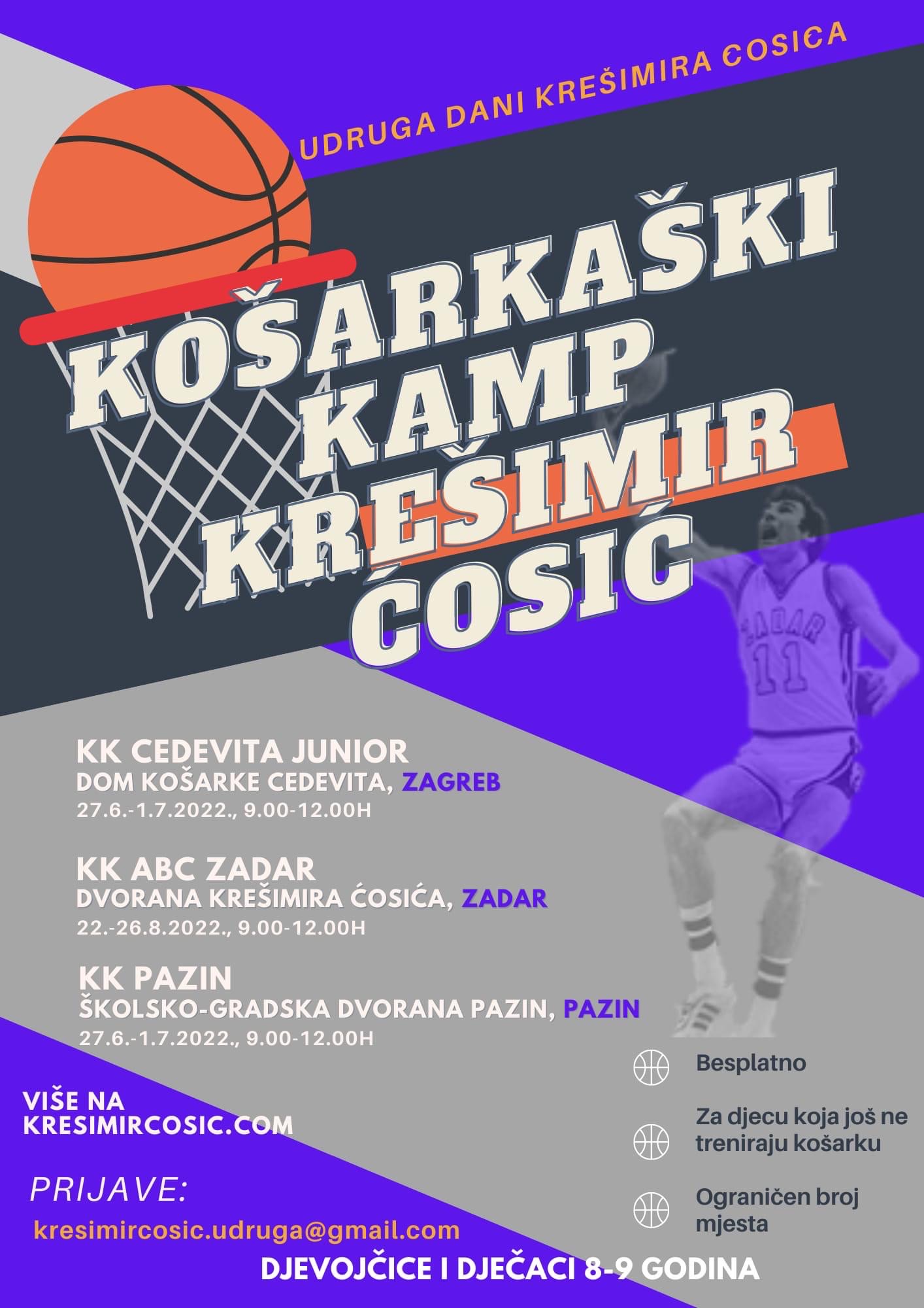 Udruga Dani Krešimira Ćosića organizira besplatne košarkaške kampove za djecu u Hrvatskoj! U Zadar stiže u kolovozu