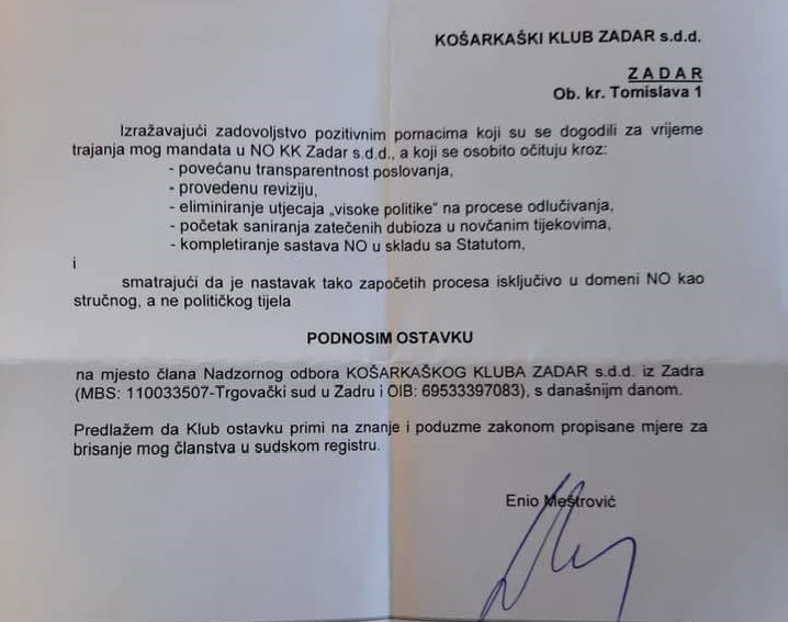 "KAKO SAN I REKA" Enio Meštrović podnio ostavku na mjesto člana NO KK Zadar