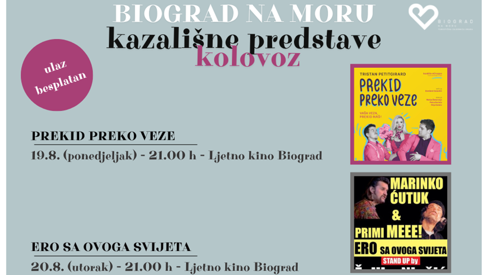 KAZALIŠNE PREDSTAVE U KINU NA OTVORENOM U BIOGRADU NA MORU Besplatna prikazivanja za sve posjetitelje!